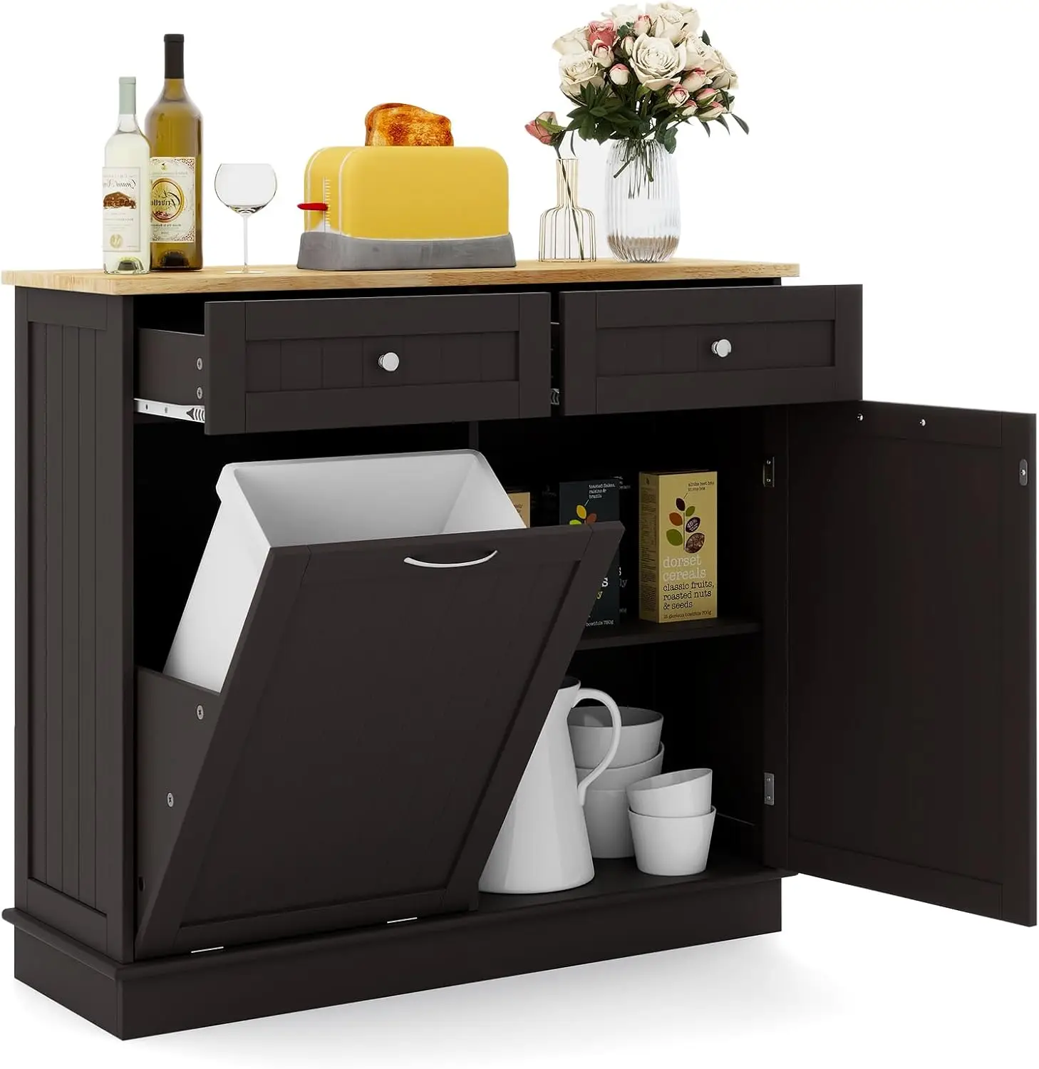 

Kitchen Tilt Out Trash Cabinet, Storage Cabinet with 2 Drawers & Adjustable Shelf,