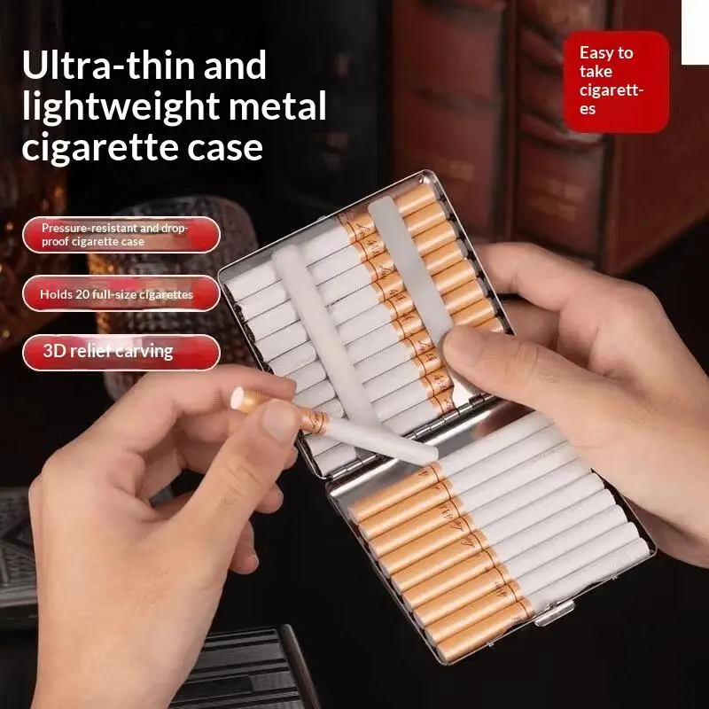 Metal Cigarette Box Stainless Steel Embossed Portable Cigarette Case Fashionable Creative Flip Wallet Storage Box
