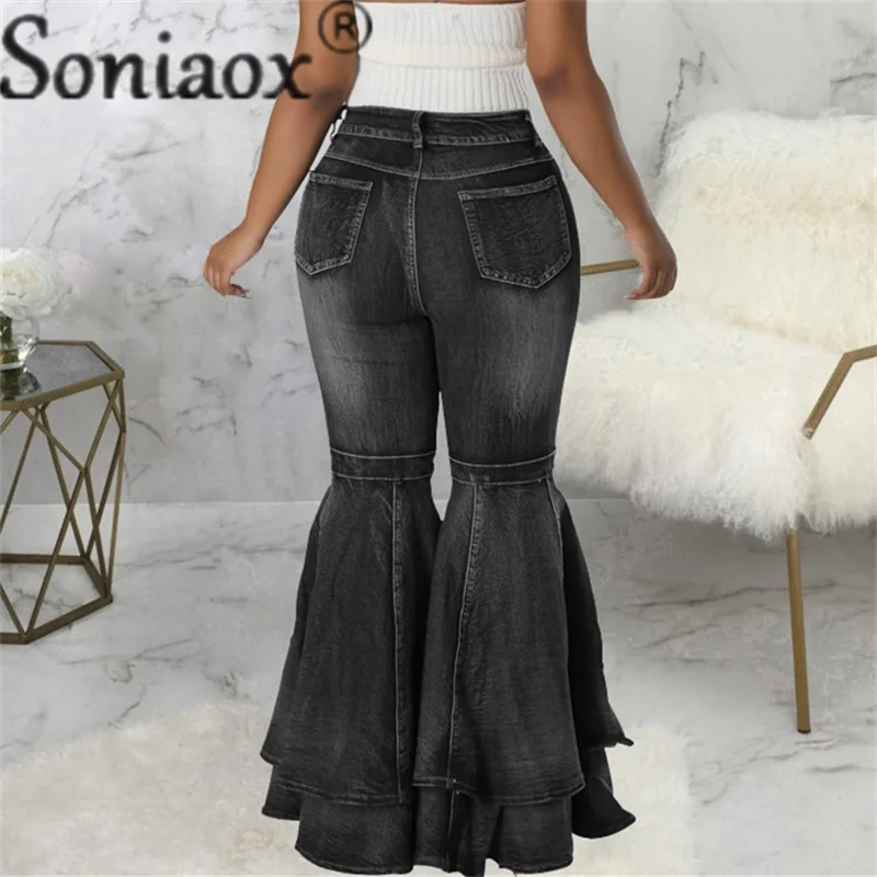 Camadas de emenda feminina, calça jeans larga, confortável, cintura alta, calça jeans feminina, casual stretch, moda