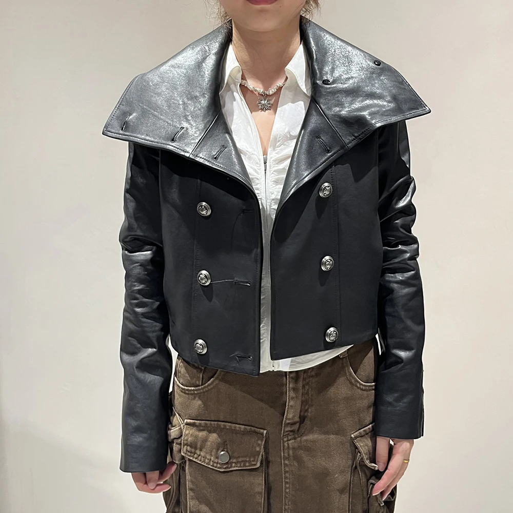 Jaxmonoy Women's Genuine Leather Jackets Double-breasted Big Turn-down Collar Sheepskin Coats 2026 Autumn New Arrival Outerwear