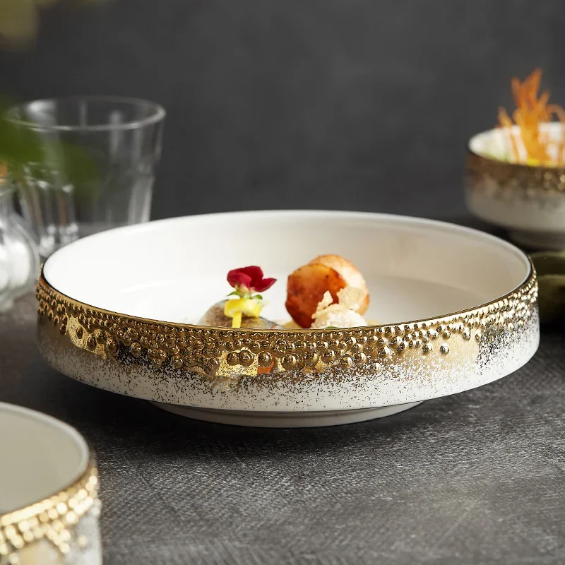 Ceramic Round Tableware Household High-foot Bowl High-end Restaurant Salad Fruit Bowl Artistic Conception Dish Fusion Dish