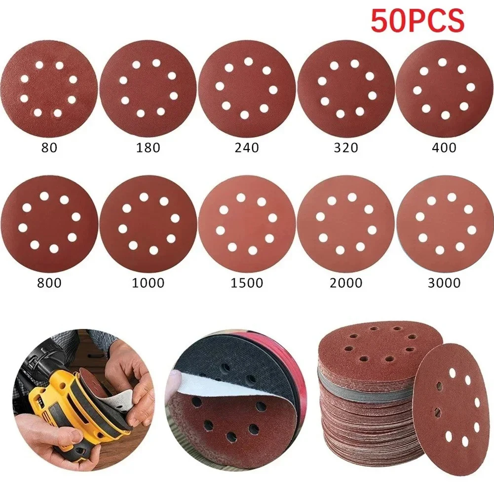 50 PCS Sanding Discs 125mm Round Shape Sandpaper 8 Hole Mixed Grit 80-3000 Hook And Loop Disk Sand Sheets Polishing Tools