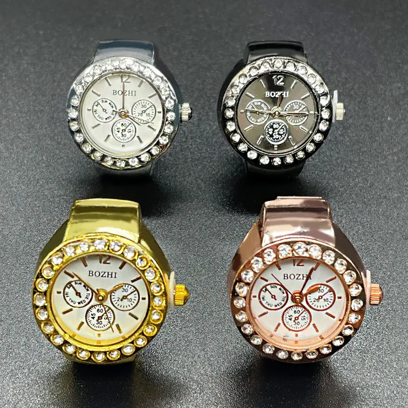 Creative Clock Shape Watches Rings Movement Quartz Rhinestone Decor Watch Finger Ring Punk Mini Elastic Strap Ring Jewelry Gift