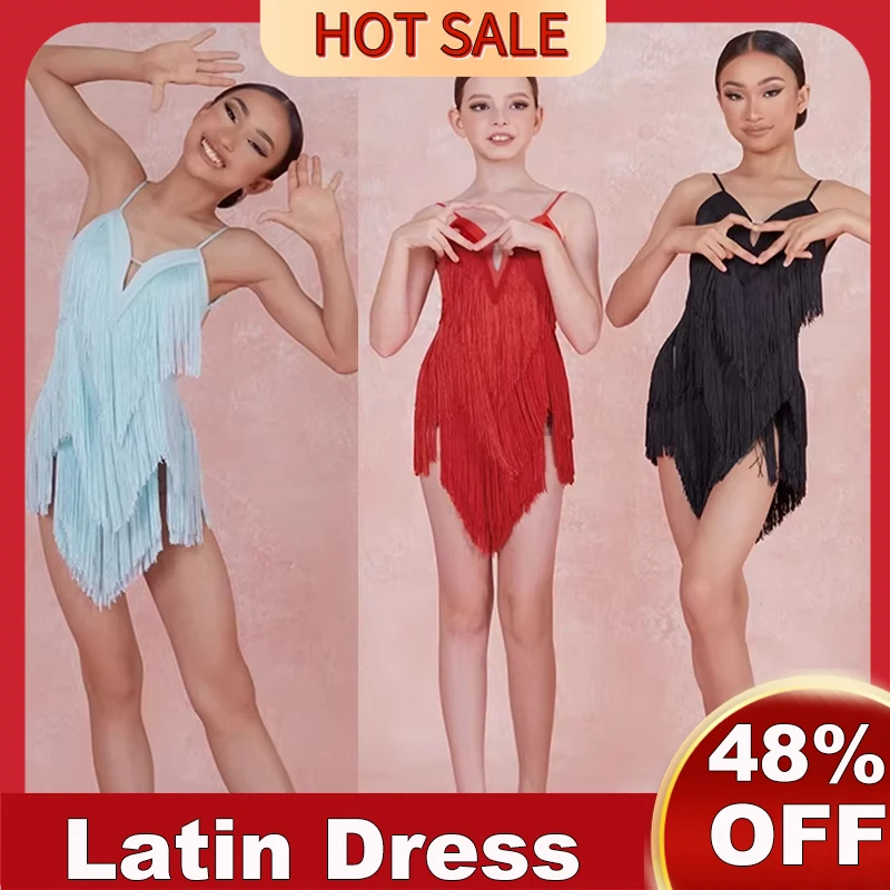 ZYM Latin Dance Dress For Girls With Tassel Split Practice Clothes Children Chacha Samba Tango Kids Latin Dance Wear DQS16553