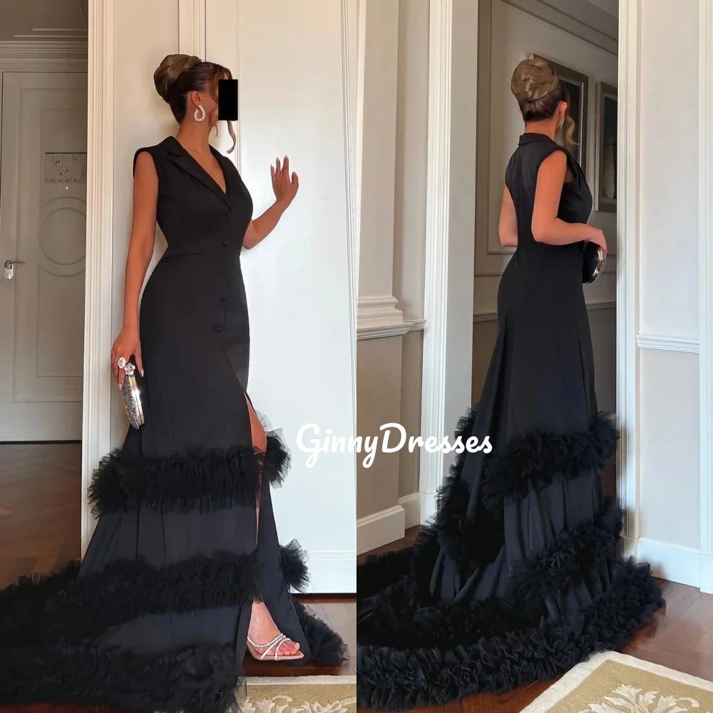 

Customized Evening Dress A-Line V-Neck Sweep Train Tulle/Chiffon Prom Dresses Split Zipper Up Sleeveless Lining Party Dresses