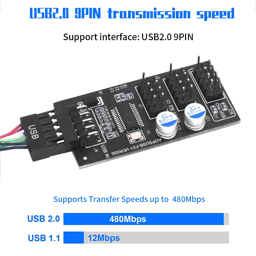TISHIRC USB 9Pin محول 1 إلى 3 USB موزع 1 إلى 3 USB لوح رأس 9Pin لاختبار سرعة المروحة تبريد المياه لـ RGB LED