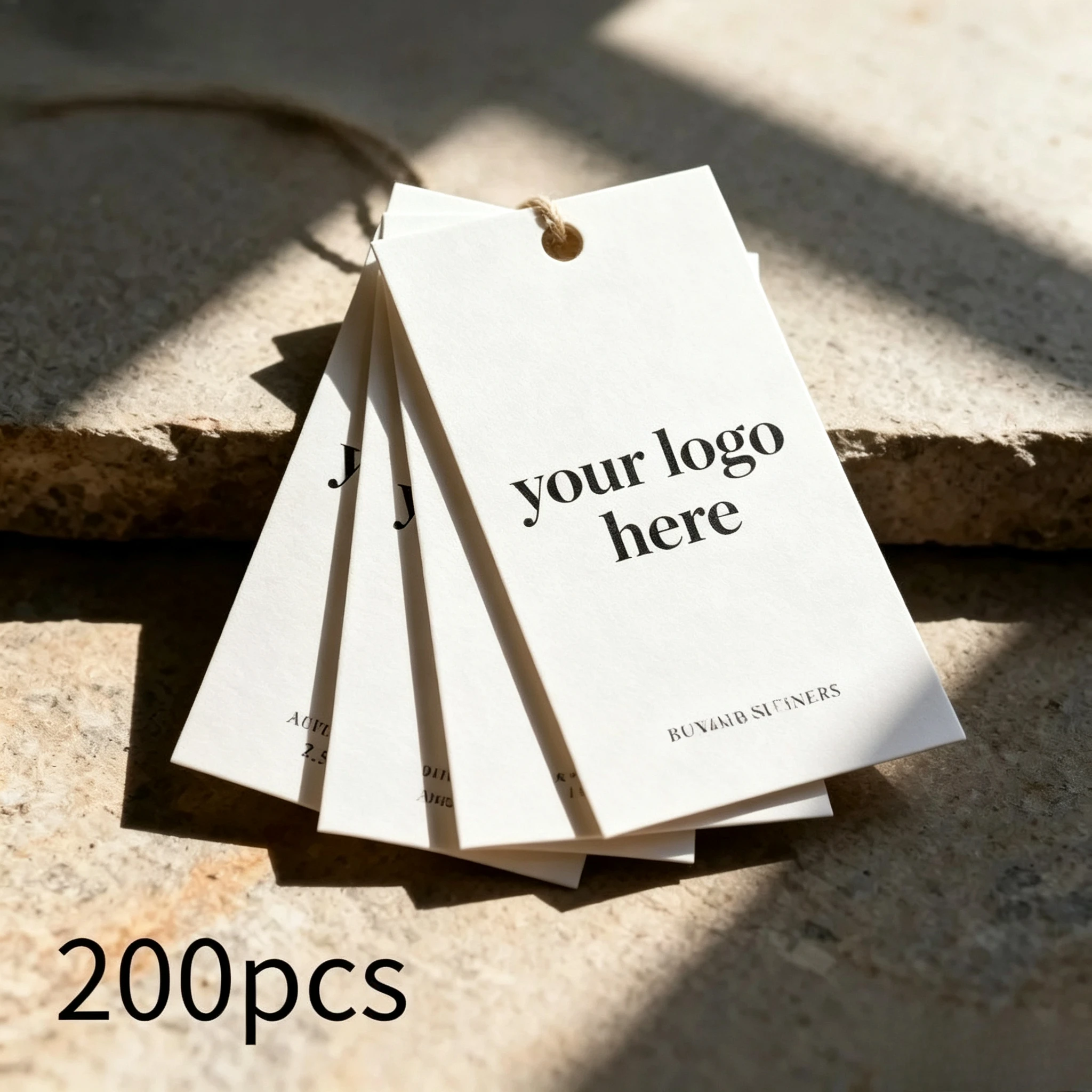 200Pcs Custom Minimalist Hang Tags 5x9cm Coated Paper Pre Perforated Custom Printed Logo Text Cordless Clothing Price Labels