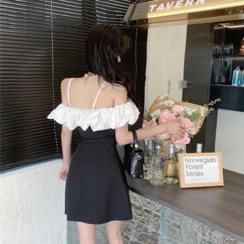 Ruffled Off Shoulder Birthday Dress for Women Summer New Slash Neck Strap Short Suit Dress Sexy Straples Black Party Dresses