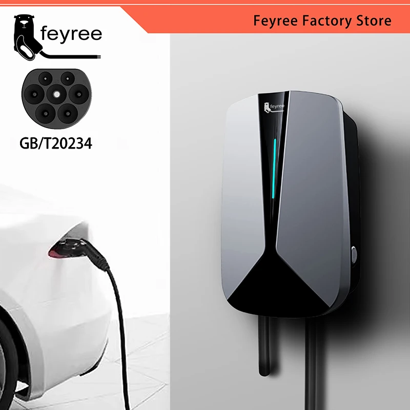 feyree EV Charger GB/T Plug Socket 32A 7.6KW 1Phase EVSE Wallbox Plug and Charge Model 5m Cable for Electric Vehicle Car Charger