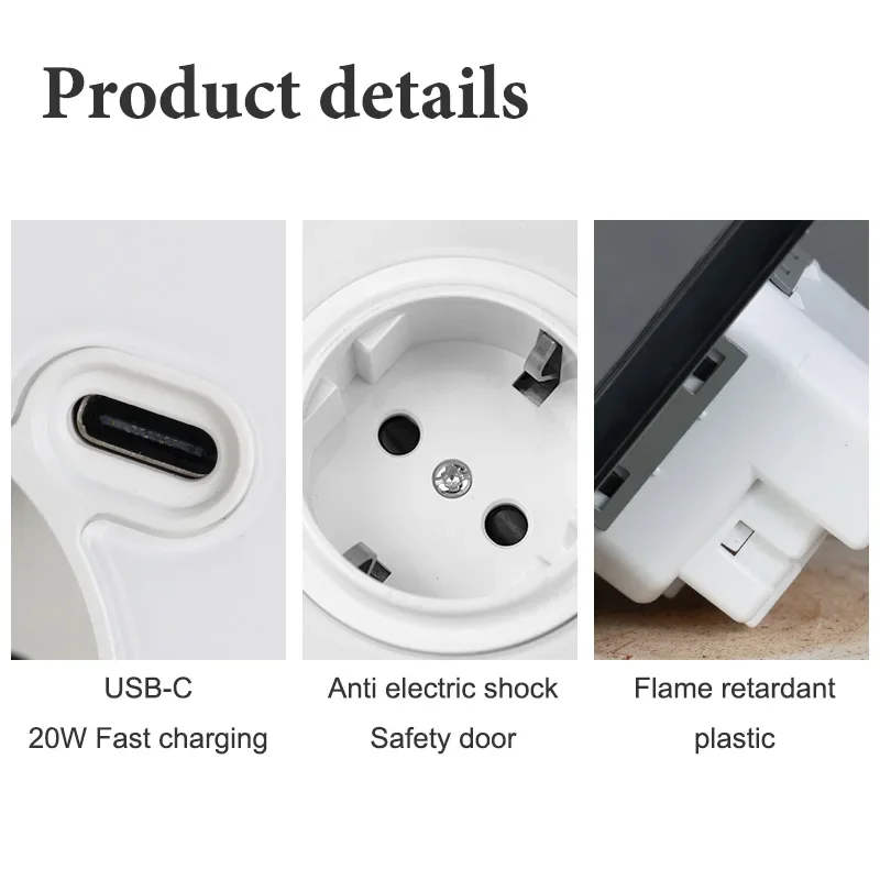YINKA EU FR Standard USB Wall Outlet Type-C, 20W Fast Charger, Glass Panel, Wall Socket Suitable For Square and Round Box 86Tyoe