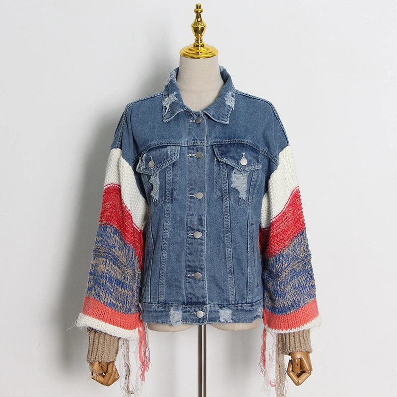 Spring New Coat Street Trendy Color Contrast Splicing Knitted Sleeve Design Feeling Denim Jacket Loose Jacket 2024 Women's Wear