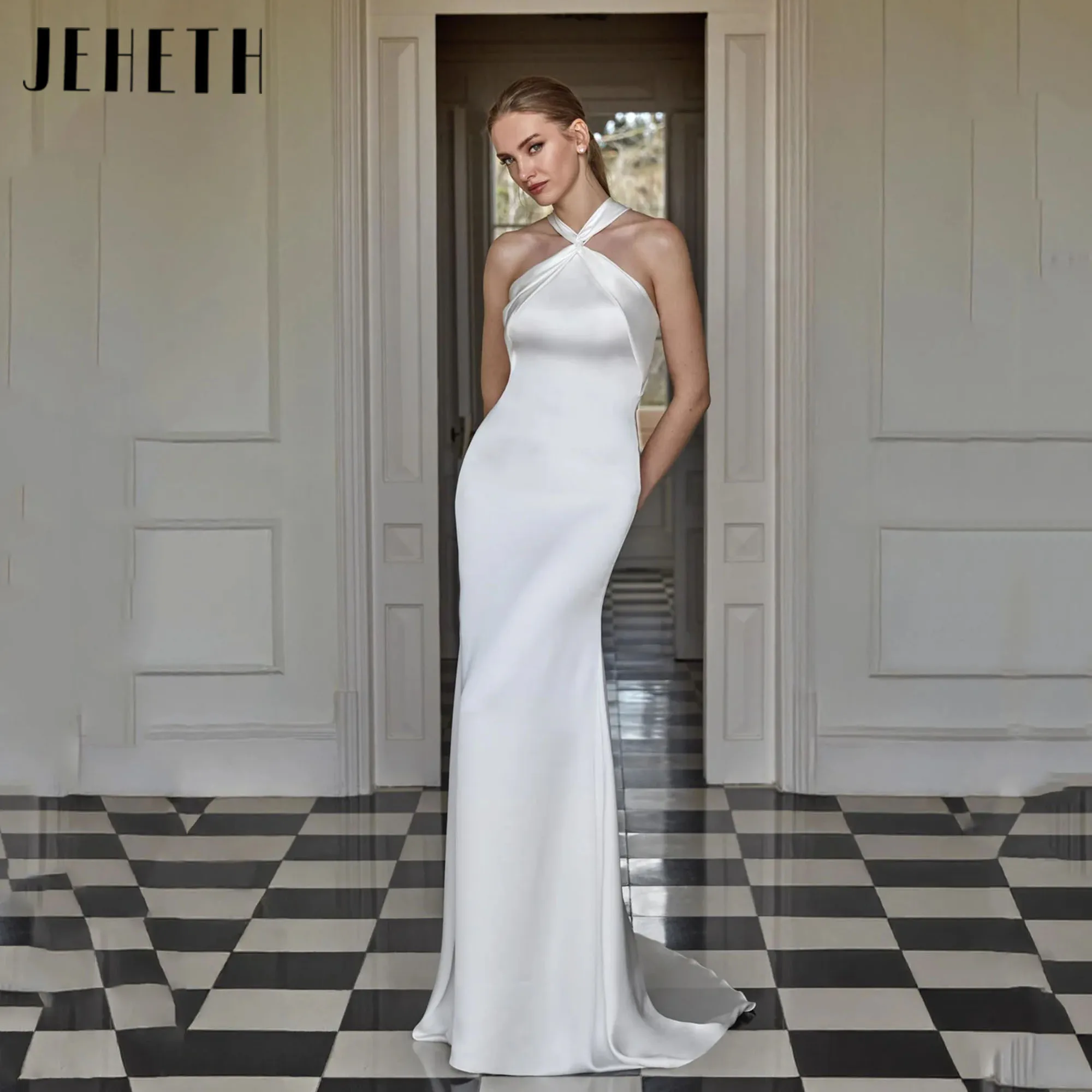 

Simple Mermaid Wedding Dress Sexy Backless Floor Length Bride Dresses Ivory Backless Beach Vestidos De Novia Customized JEHETH