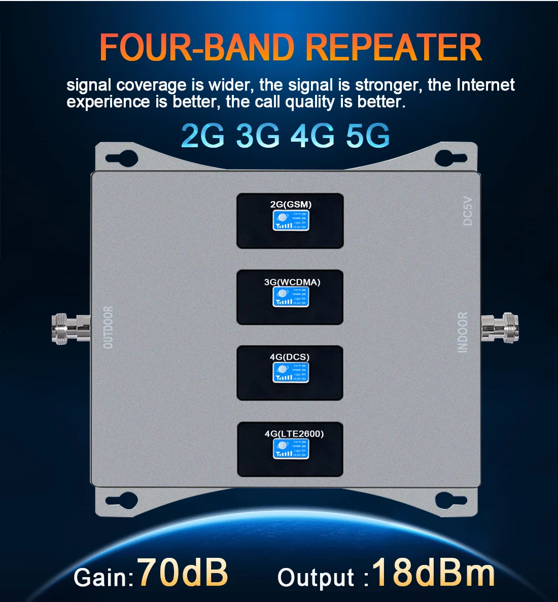 مكرر الهاتف المحمول مكبر للصوت 2g 3g 4g 5g LTE Gsm 900 1800 2100 2.60 رباعي