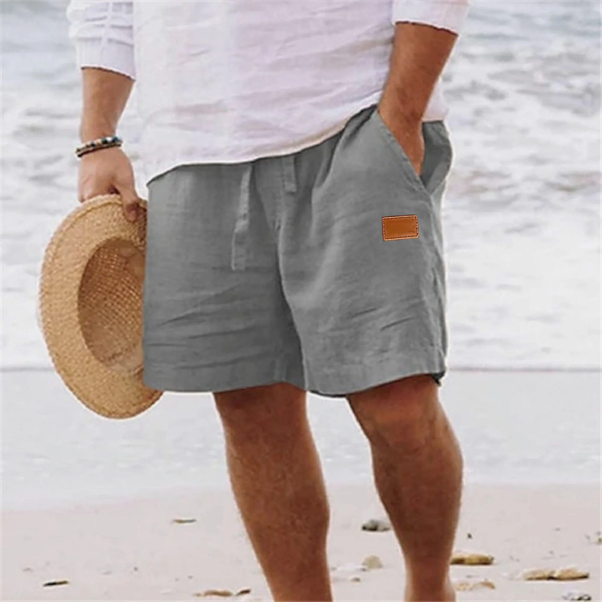 2025 Neue Sommer Herren Baumwoll-Leinen Atmungsaktive Shorts Hawaii Strandhosen Einfarbige Herrenhosen Lose Vielseitige Streetwear – Detail 17