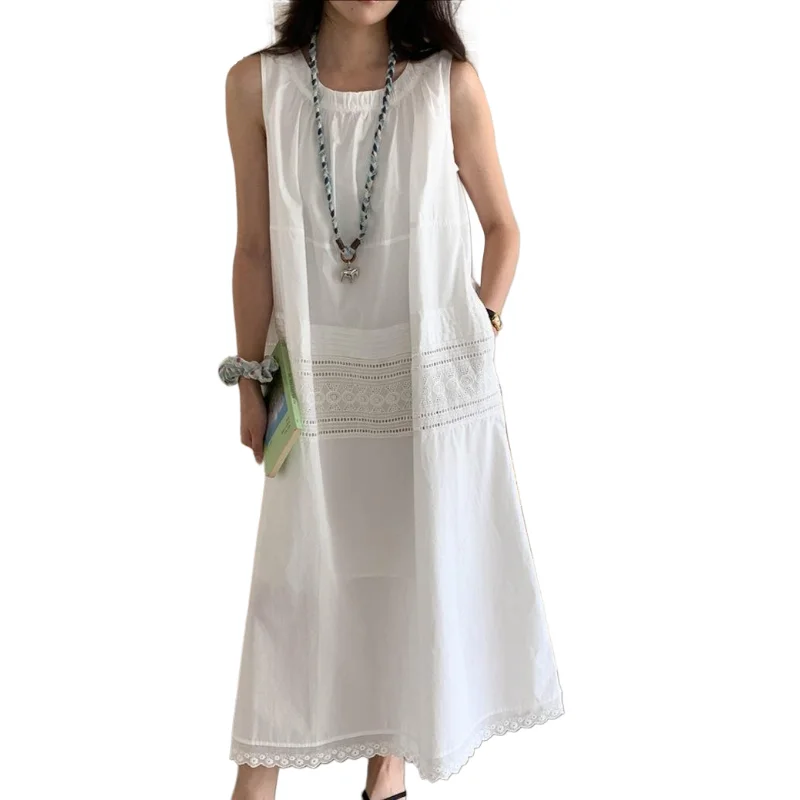 

Summer casual white patchwork pleated lace sleeveless vest long dress women