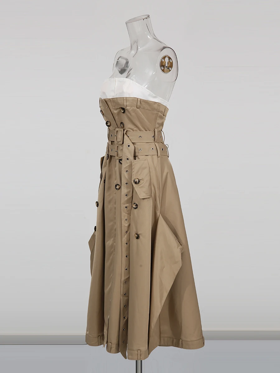 Spliced Button Slimming Dresses forWomen Strapless Sleeveless High Waist Temperament Dress Fashionchouveautés manteaux et vestes