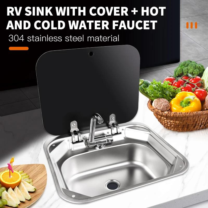 RV 420mm Sink Stainless Steel Square Sink with Faucet Tempered Glass Cover for RV Caravan Camper Kitchen Accessories