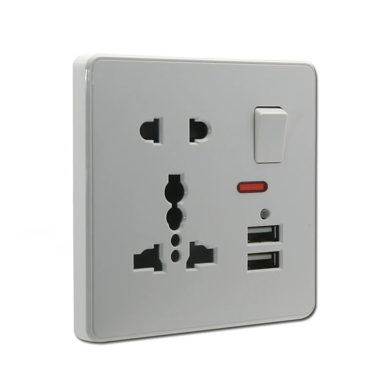 5 pin multi function switched socket with neon+2 usb socket