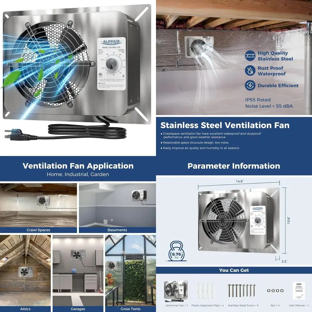 

57cm IP55 Stainless Steel Ventilation Fan with Built-In Ion Net for Basement, Garage, Attic, Grow Tent