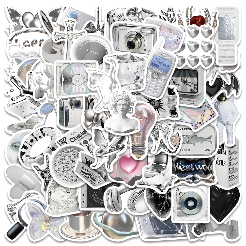 66pcs Silver Art INS Style Stickers Aesthetic Graffiti Decals for Laptop Luggage Guitar Water Bottle Skateboard Stickers