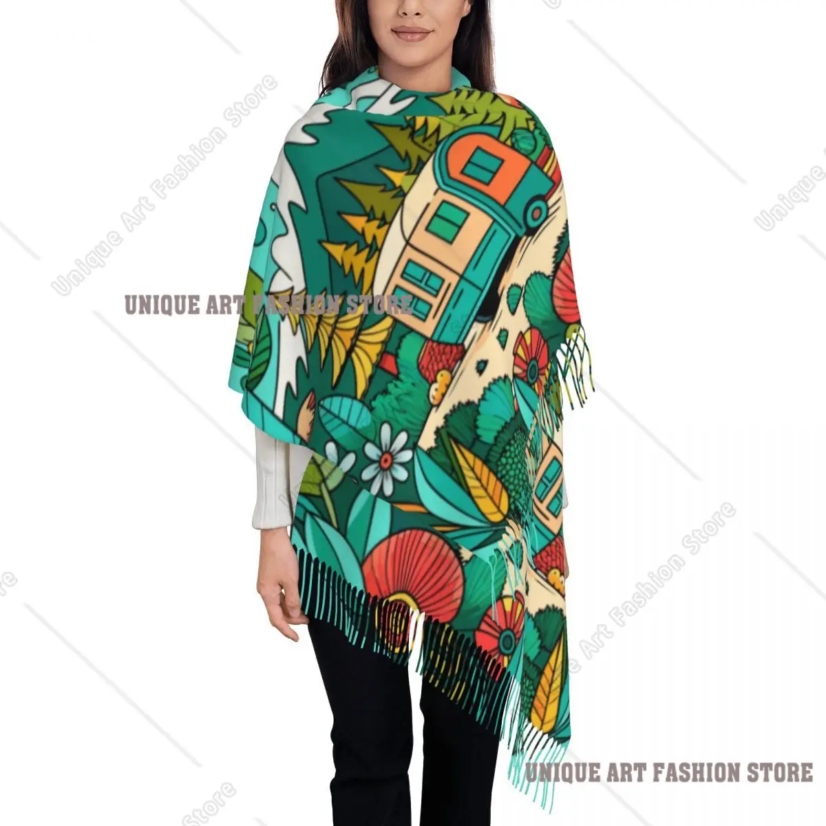 Custom Mountain Campers Adventure Camping Scarf Wrap for Women Long Winter Warm Tassel Shawl Unisex Scarves