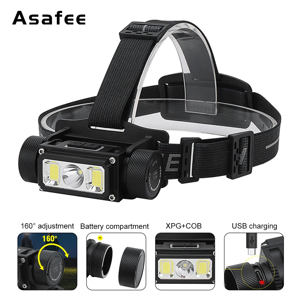 Asafee COB LED Headlight 5 Modes Headlamp Rechargeable Outdoor Flashlight Waterproof Camping Head Lamp Use 21700 Battery