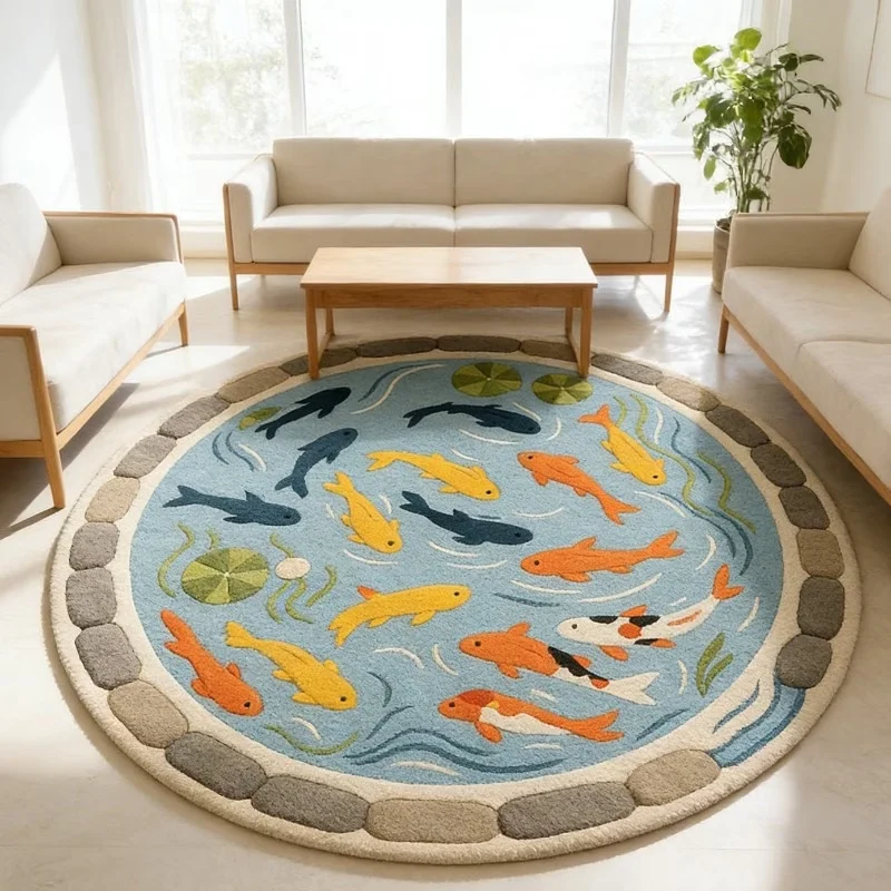 VIKAMA Round Rug Koi Fish Pond Oriental Carp Lotus Leaf Circular Area Rug Floor Mat for Living Room Living Room Decor