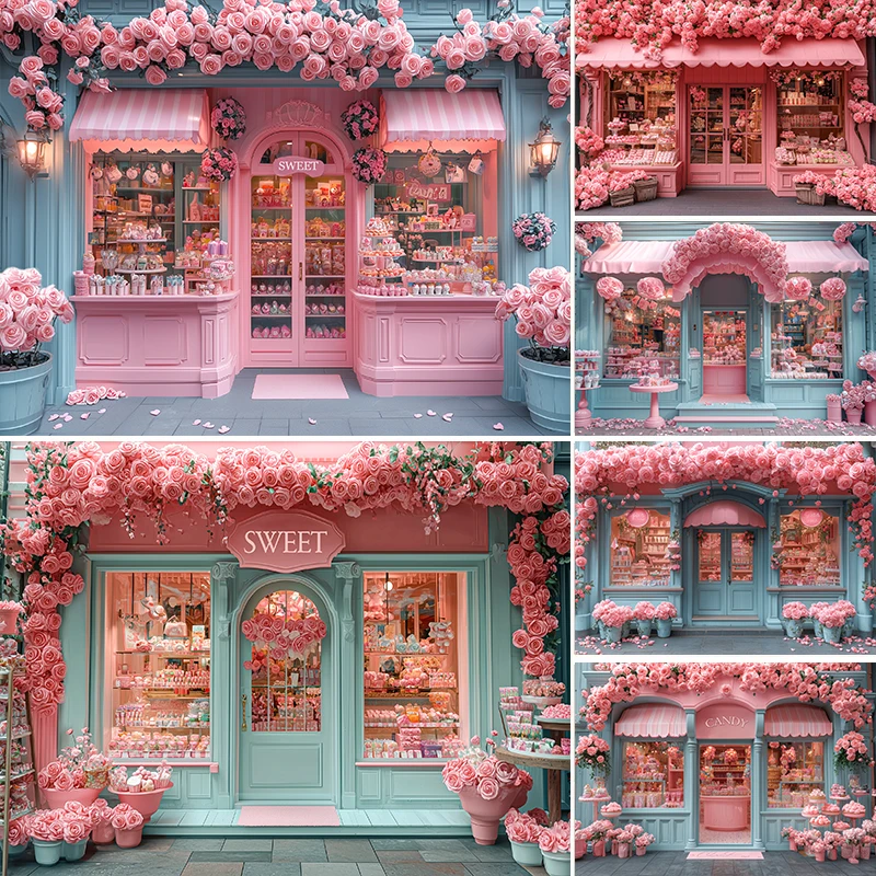 

LS Sweet Girl 1st Birthday Party Backdrop Banner Dessert Store Front Street Cake Smash Theme Background Kids Photo Studio