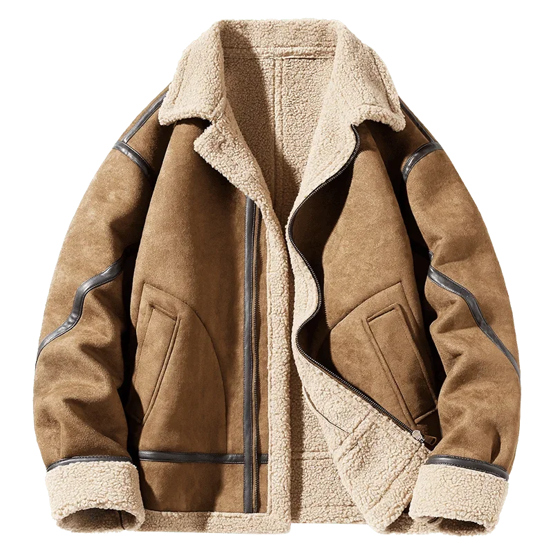 

2025 Male Warm Lamb Wool LeatherJacket Men Vintage Leather Coat Thickened Fleece-lined Men's Winter Warm Cotton-padded Sweater J