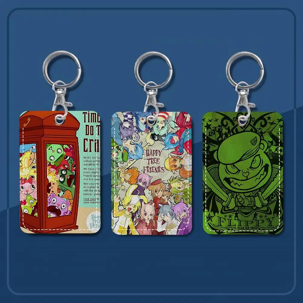 Classic Horror Animation H-Happy Tree Rectangle ID Card Case Keychain Access Card Bag Key Tag Ring Leather Card