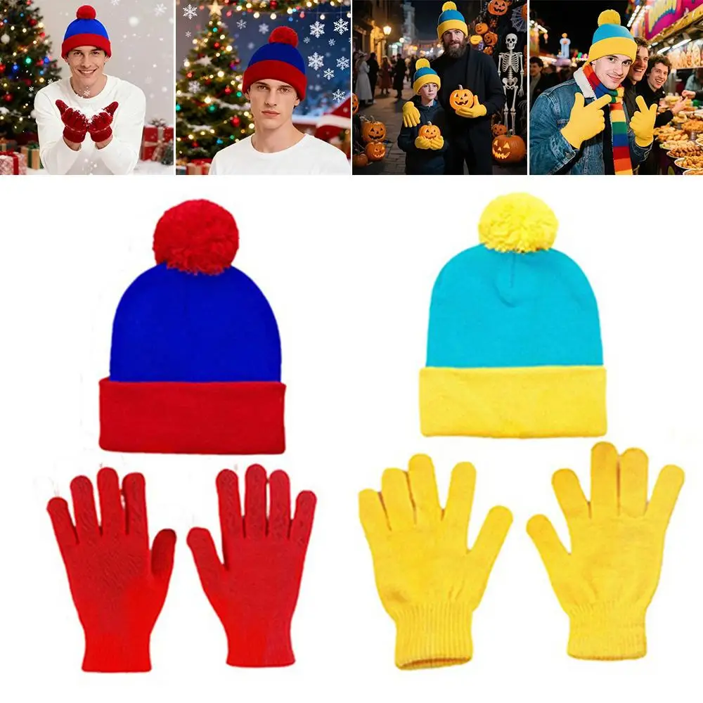 شتاء دافئ بلون Skullies Beanies قفازات مجموعة للجنسين مرونة كاندي الألوان محبوك قبعة خمسة أصابع قفازات قبعة الشتاء