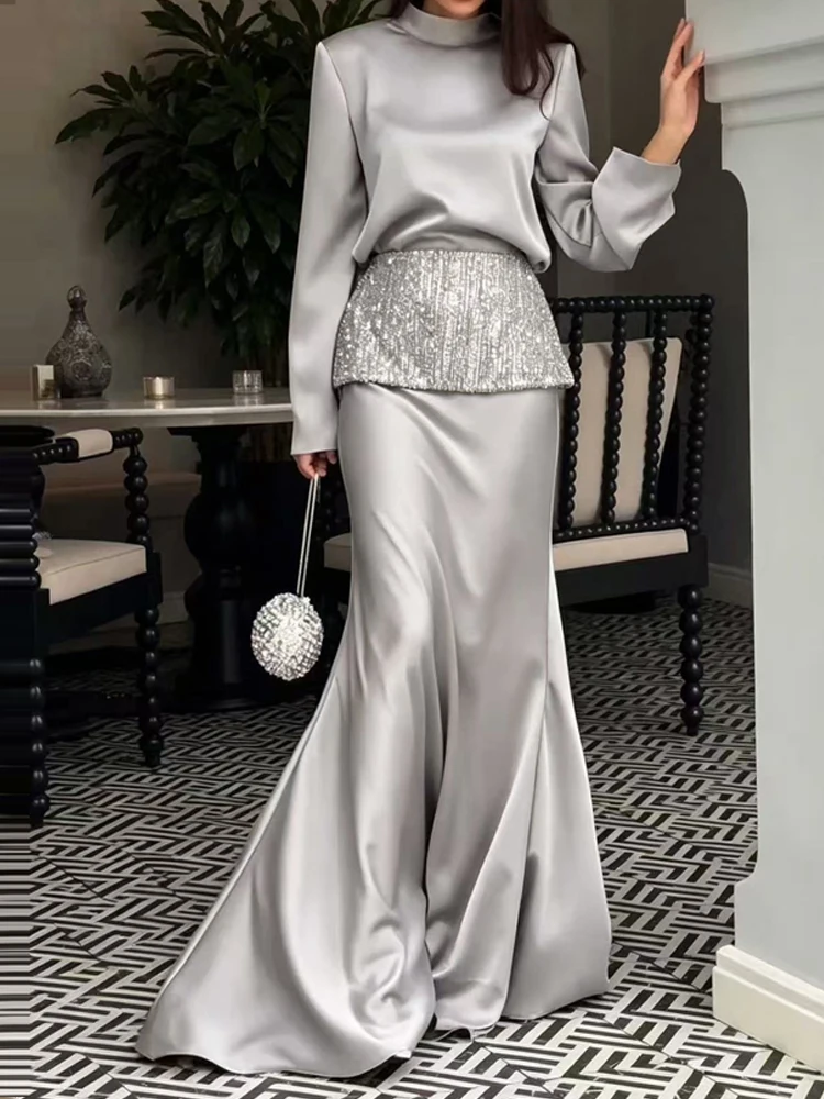 Long Sleeve 2 Piece Outfits Fashion Stand Collar Top & Sequin Waist Seal & Long Skirt Set Women Elegant Draped Solid Satin Suit