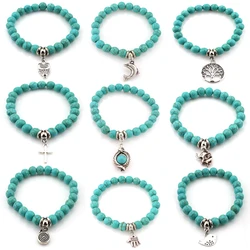 FTCY Women Bohemian Beaded Bracelet Fashion Turquoise Natural Stone Anti-Stress Yoga Geometric Pendant Elastic Cord Hand Chains