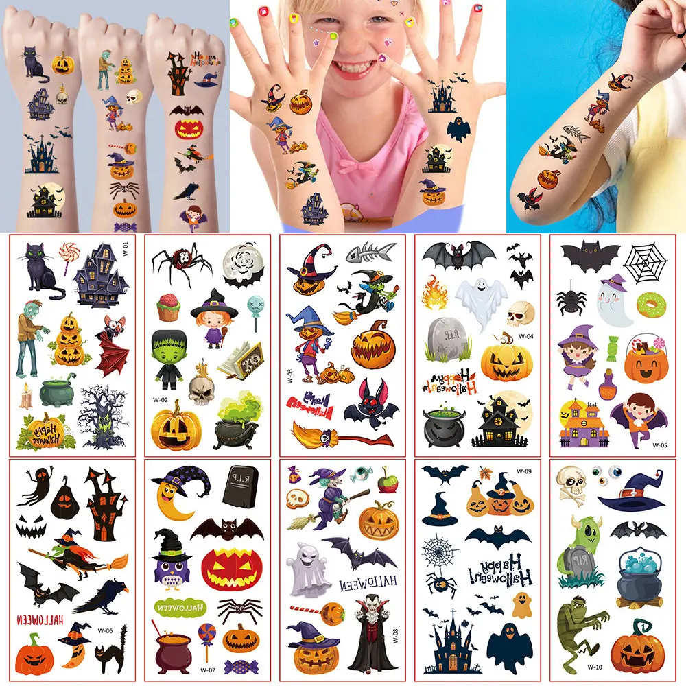 10Pcs Halloween Pumpkin Temporary Tattoo Stickers For Children Waterproof Spider Bat Ghost Fake Tattoos For Men Women Hand Face