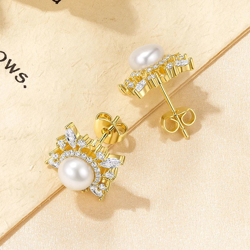 OXTAO Retro Sunflower Earrings for Woman White Natural Freshwater Pearl Jewelry Moissanite Earrings Wife Mother Birthday Gift Engagement Wedding 14K Gold Filled