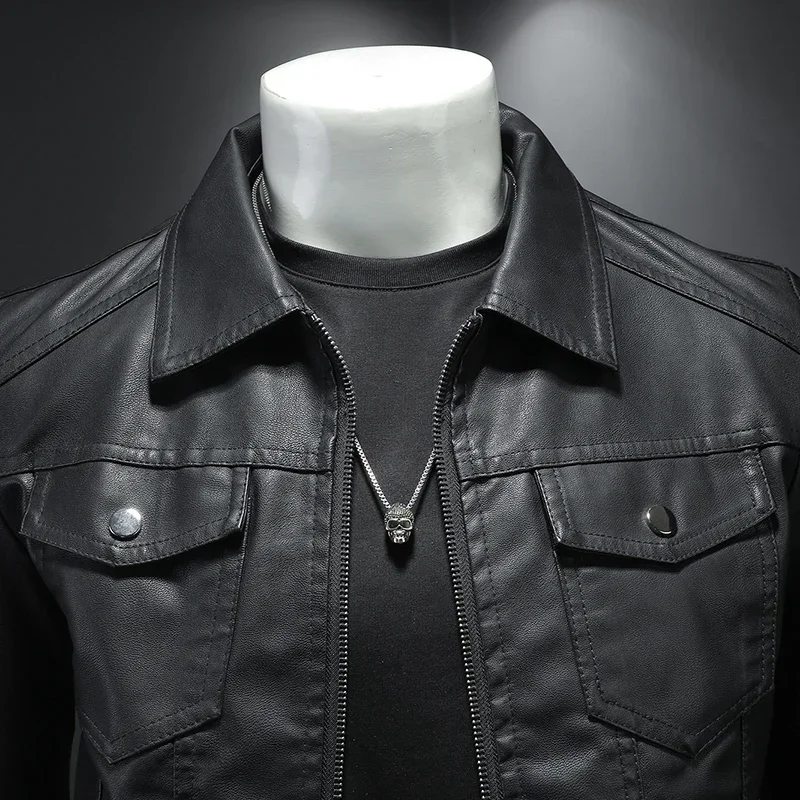 Jaqueta de couro PU com gola masculina, jaqueta bomber de motocicleta, roupas masculinas personalizadas e da moda