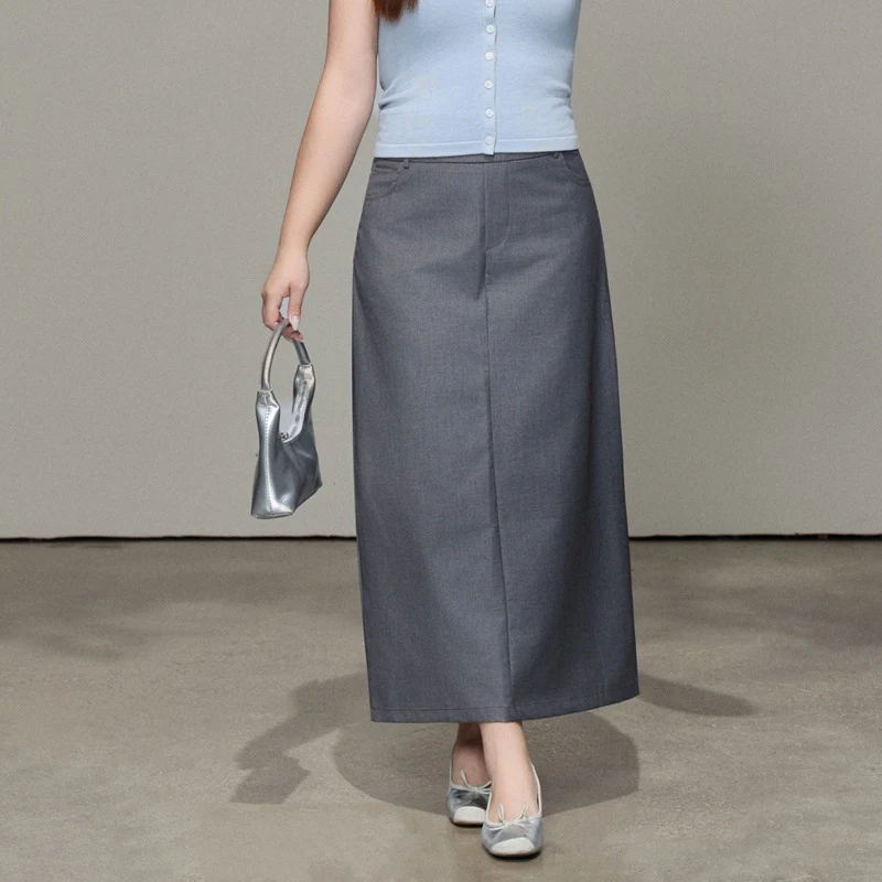 

XXXXL Fashion Plus Size Woman Clothing Long Straight Suit Skirt Premium Temperament Grey Back Split TR Twill Bottoms 8862