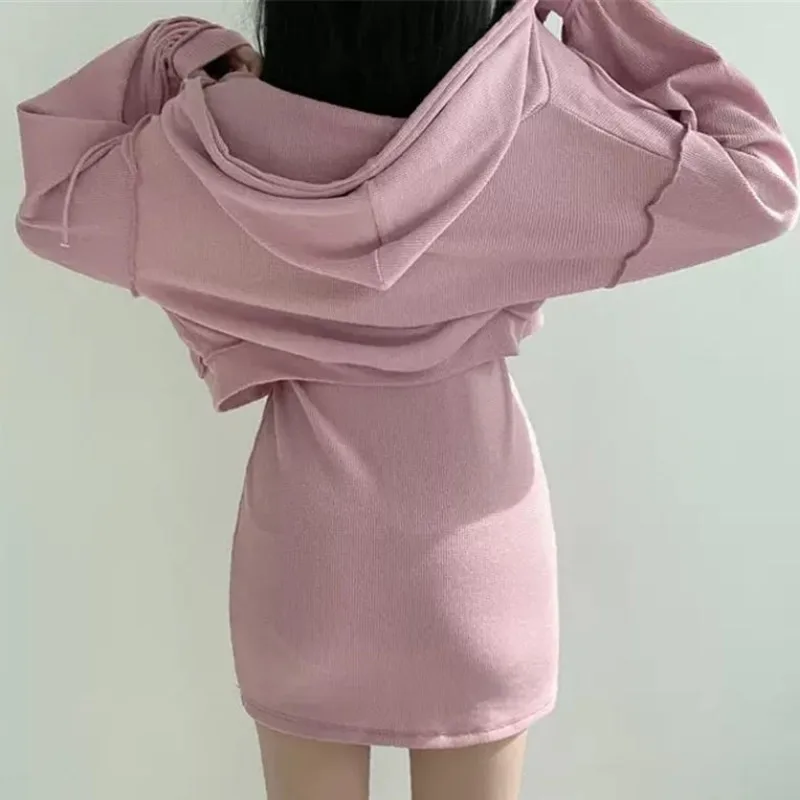 Dress Sets Women Solid Chic Knitted Mini Skirts Hip Wrap Short Hoodies Zipper Ulzzang Students Preppy Hot Sexy Streetwear Female