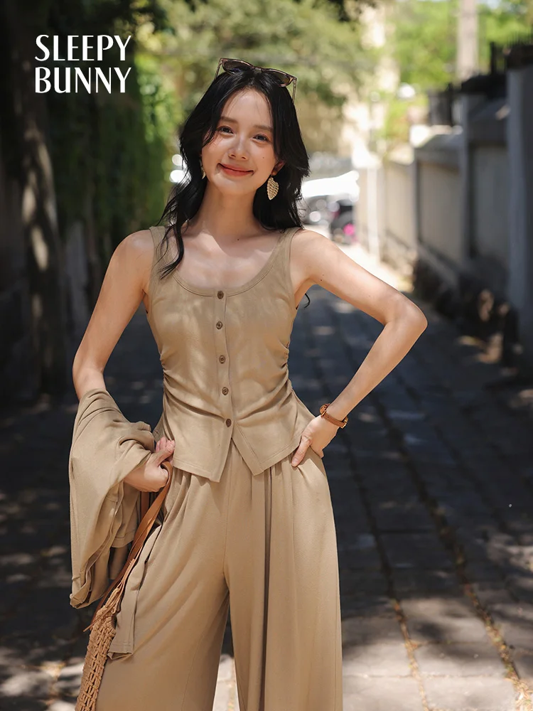 

3 Piece Summer Lounge Set for Women Stretchy Tank Top, Wide Leg Pants & Lightweight Sun Protection Cardigan Casual Comfy Outfit