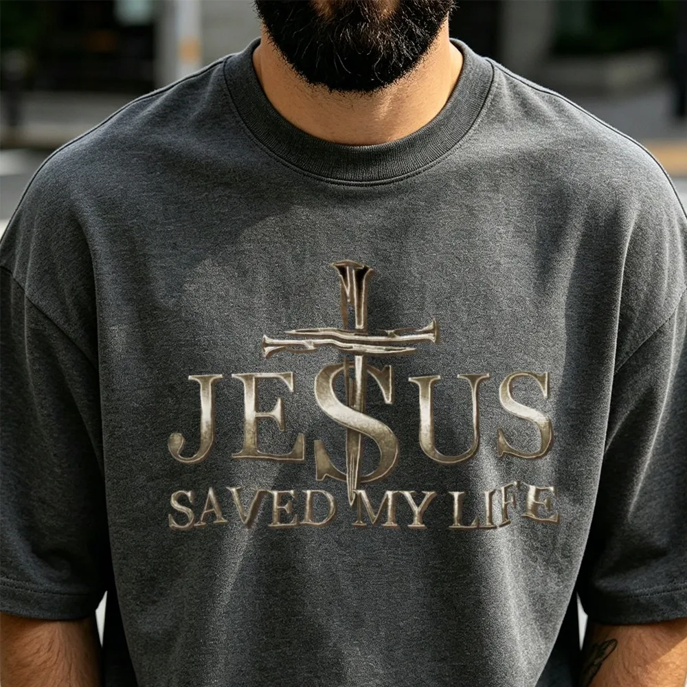 Hristian Jesus Saved My Life Print T-Shirt Cotton Casual Crew Neck Short Sleeve Tee Religious Cross Nails Design Top