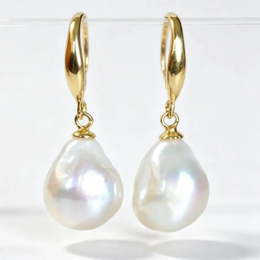 10-12mm Natural White Baroque Pearl Earrings 18K Dangle Hook Wedding Cultured Teardrop
