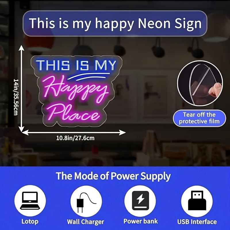 This is My Happy Place Neon Wall Decoration, LED Neon Lights USB Powered Suitable for party, office, kids room, birthday party,