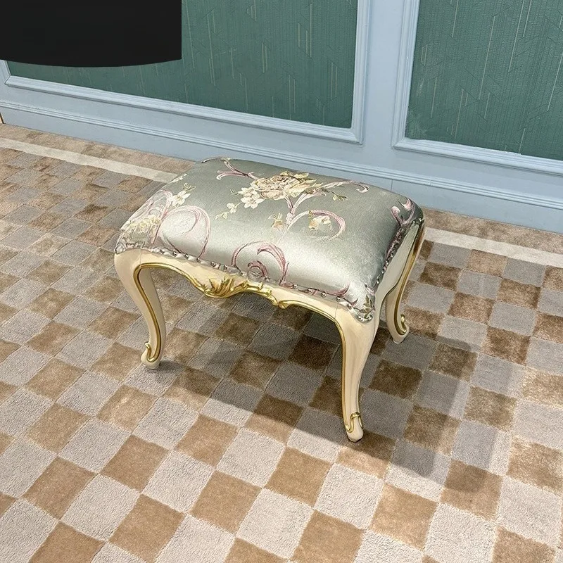 European fabric stool simple solid wood embroidery warm gray bedroom shoe changing stool