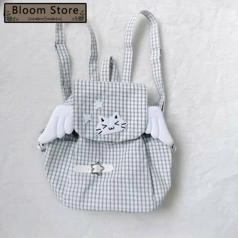 

Japanese Sweet Kawaii Wings Backpack Y2k Aesthetic Fashion Plaid Women Schoolbags Casual All Match Ins Star Backpacks Streetwear