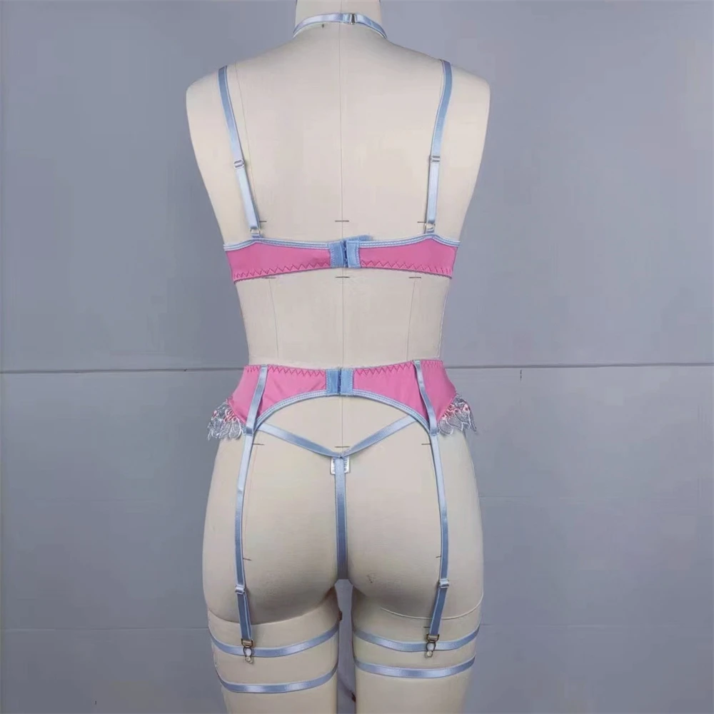 Lencería Sexy de lujo, tangas con sujetador transparente, ropa interior transparente femenina de 4 piezas, trajes de encaje erótico, conjunto de liguero delicado