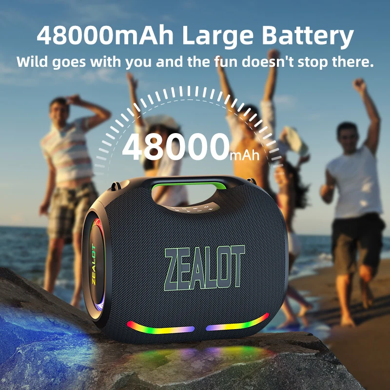 ZEALOT ZE21 Altoparlante wireless da 250 W, portatile da esterno, batteria lunga 48000 mAh, con luci colorate RGB, fino a 18 ore di riproduzione.
