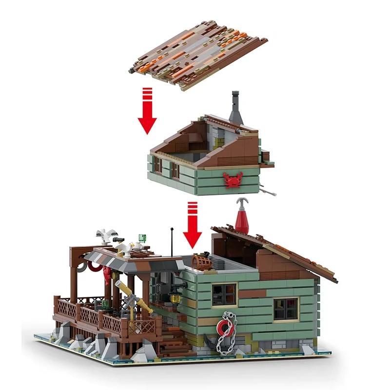 Zestaw klocków architektonicznych Seaside Architecture, seria City, domek rybacki, wiejski dom i model łodzi rybackiej, zabawka z klocków, prezent dla dzieci