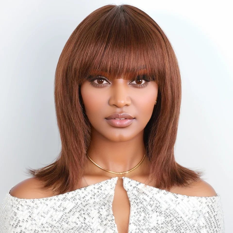 

Joedir Reddish Brown Wolf Short Cut Straight Bob Human Hair Wigs With Bangs For Women Peruvian Remy Hair Colored 12" Bob Wigs