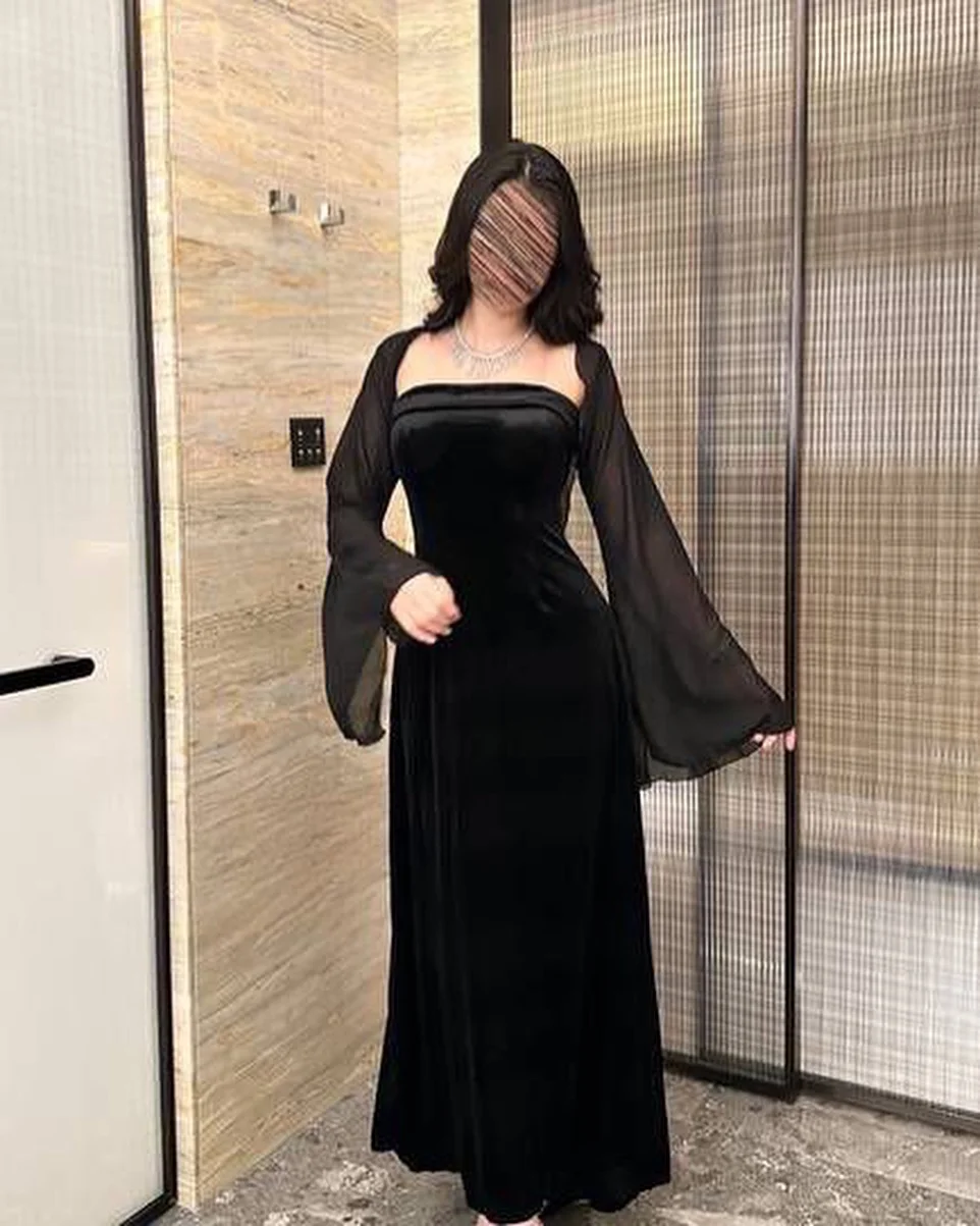 

Customized Elegant Black Jersey Evening Dress Simple Strapless Long Sleeves Prom Dress Temperament Chapel Train Party Dress