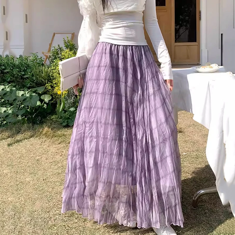 2026 Korean High Waist Plaid Long Skirts Women Vintage Irregular Hem A Line Skirt Woman Chic Elastic Waisted Checks Mesh Skirts